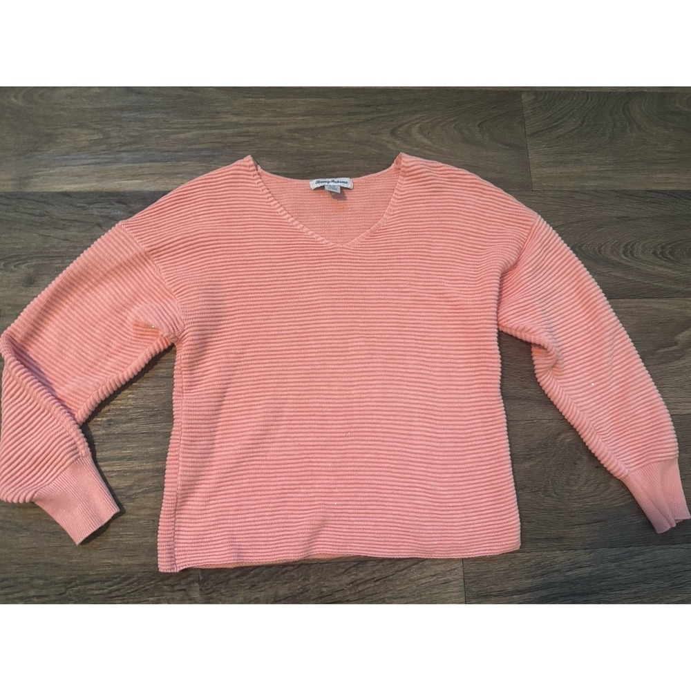Tommy Bahama Women's Pink Ribbed Knit Sweater Long Sleeve Crew Neck Pullover
